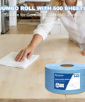 Person using Top Notch Heavy Duty Cleanroom Wipes lint free cloths on kitchen counter with jumbo roll in view