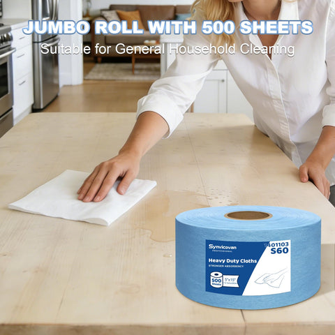Person using Top Notch Heavy Duty Cleanroom Wipes lint free cloths on kitchen counter with jumbo roll in view
