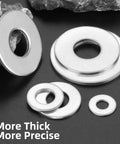 Close-up of twenty eight piece five eighth inch inner diameter fender washers one and one half inch outer diameter 304 stainless steel