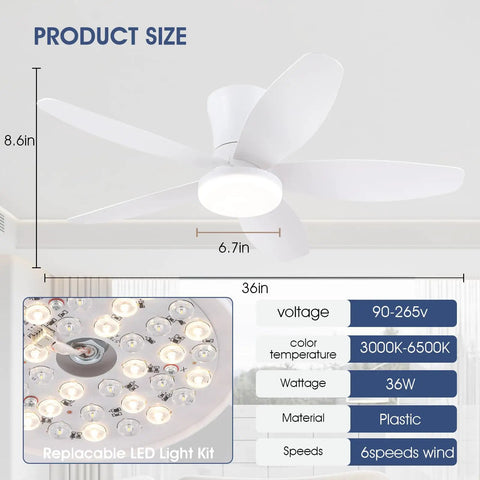 Low Profile 36 Inch Ceiling Fan With Remote And App Control, Dimmable LED Lights, DC Inverter Motor, Flush Mount, White