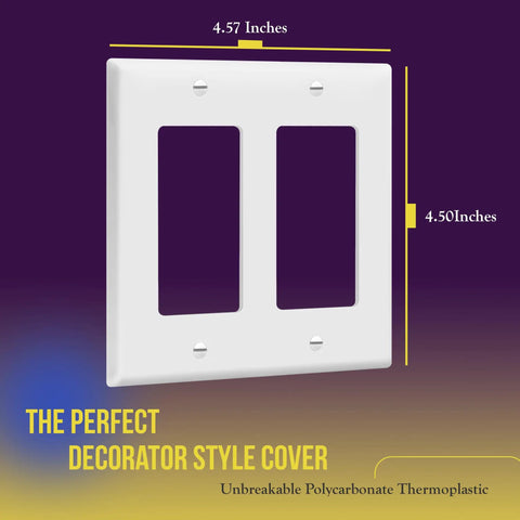 Durable 2-Gang Decorator Wall Plate for Light Switch and Receptacle, White Polycarbonate Thermoplastic, 4.50 x 4.57 Inch