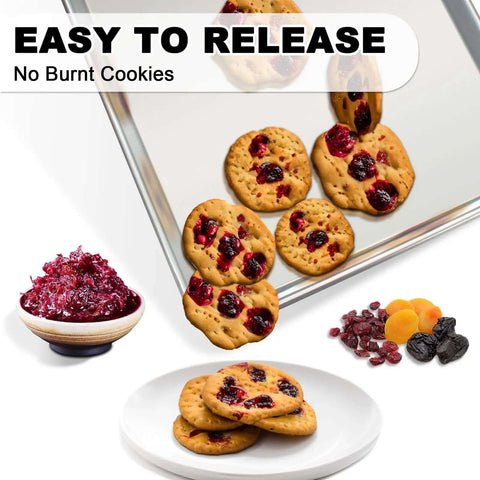 Heavy Duty Half Sheet Pans With Rack Set for Baking and Roasting, cookies on nonstick surface, dried fruits, easy release, no burnt cookies