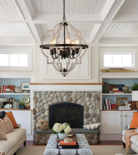 Farmhouse Rustic Chandelier With ORB Finish And Oak Tone, 6 Light Vintage Antique Pendant Light Fixture For Kitchen Dining Room