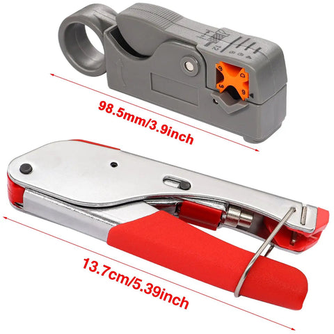 Coax Cable Crimper Tool Kit With 20 F Style RG59 RG6 Compression Connectors showing crimper and coaxial cable stripper