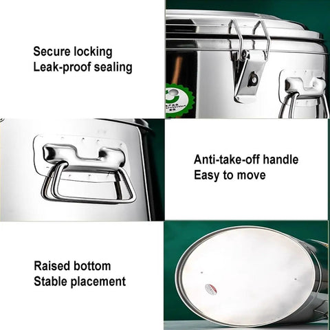 Large Capacity 304 Stainless Steel Storage Containers 100 Liter Dry Food Canisters For Rice Flour Sugar Coffee Beans With Built Tough Airtight Lids, showing secure locking handle and raised bottom.