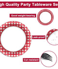 48 Pack Red And White Checkered Disposable Paper Plates For Backyard Kickbacks with detailed features like leak-proof and weight-bearing.