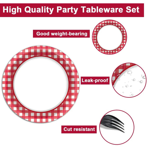 48 Pack Red And White Checkered Disposable Paper Plates For Backyard Kickbacks with detailed features like leak-proof and weight-bearing.