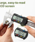 Digital Caliper 0 to 8 Inches With Stainless Steel Ruler Auto Off Dual Jaws measuring a bolt with LCD screen