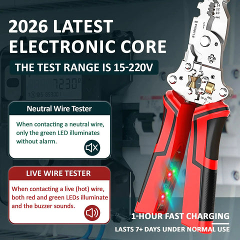 Top Tier Multifunction Wire Stripper With Rechargeable Voltage True Nondestructive Tester Crimping Pliers For Electricians, showing LED indicators and tester features.