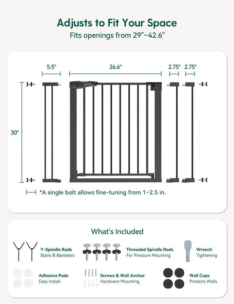 Diagram showing dimensions and components of Extra Wide 29 To 55 Inch Baby And Dog Gate For Stairs And Doorways, Auto Close, Gray