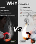 Red silicone garden hose washer in a side-by-side OURS vs OTHERS infographic, held by a gloved hand.