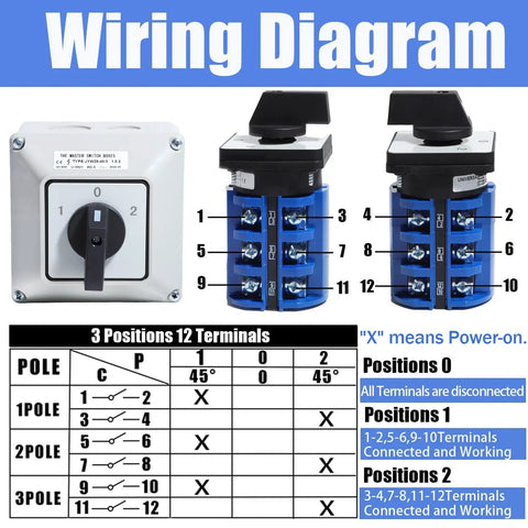 Wiring diagram of Rotary Changeover Switch Universal Selector Switch Enclosure Box 690V 40A 3 Position 3 Phase 12 Terminals.