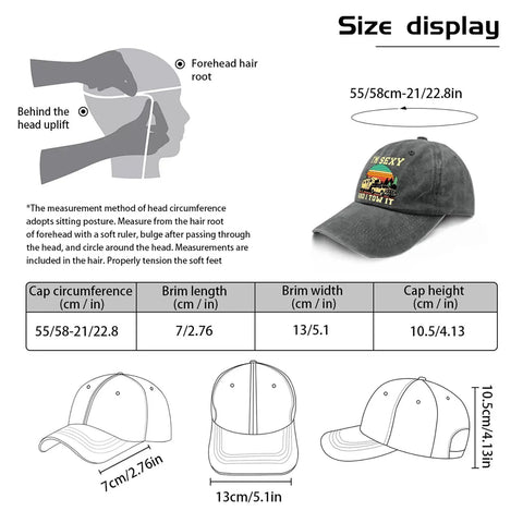 Size chart for Funny Camping Hat For Men Road Trip Ready Cap with RV and Tow It Vibe and adjustable strap.