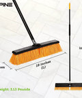 Real Deal Heavy Duty Push Broom With Long Handle Made To Crush Daily Grime On Smooth Floors Sweeps Sand Mud Leaves And Water Easy Without Breaking A Sweat In Bright Yellow 18 Inches Wide on tiled surface with size details.