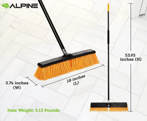 Real Deal Heavy Duty Push Broom With Long Handle Made To Crush Daily Grime On Smooth Floors Sweeps Sand Mud Leaves And Water Easy Without Breaking A Sweat In Bright Yellow 18 Inches Wide on tiled surface with size details.
