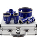 Six Piece Diamond Core Drill Bit Set For Porcelain Tile Granite And Marble Pro Grade Core Bits with carrying case on white background