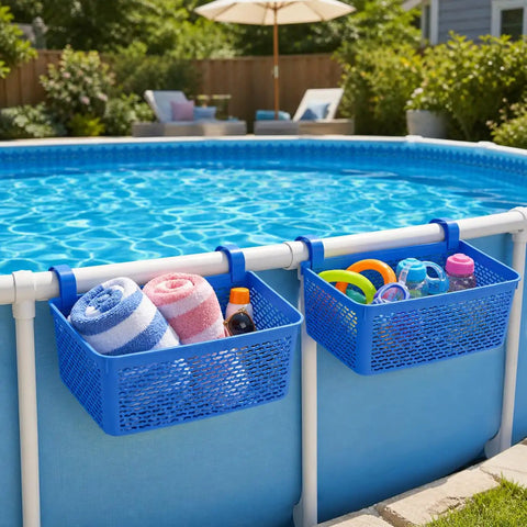 Two Pack XL Poolside Storage Baskets For Above Ground Pools Blue Easy Access Organizer Keeps Toys Goggles Drinks Neat And Within Reach Universal Fit For Most Frame Pools Up To 2.6 Inches Diameter Made In Europe