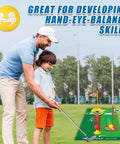 Toddler and adult using Toddler Golf Club Set With Retractable Metal Shaft And Upgraded Grooved Design, Kids Golf Toys, outdoor play