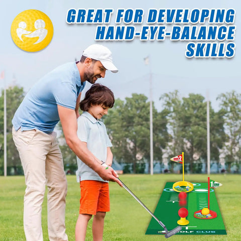 Toddler and adult using Toddler Golf Club Set With Retractable Metal Shaft And Upgraded Grooved Design, Kids Golf Toys, outdoor play