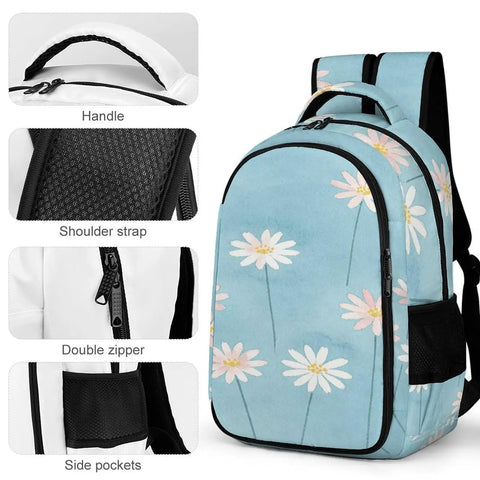 Pastel Daisy Light Blue Watercolor Printed Backpack For Everyday Use Unisex Large Capacity Polyester Go To Daypack