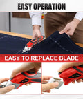 Totally Rad Toolspace Cordless Electric Scissors With Dual Blades For Cutting Cardboard And Fabric Featuring 4V Lithium-Ion Battery, Lightweight Design, Fast Charging, And Easy Carry Portability To Boost Your Crafting Game, cutting fabric on a table.