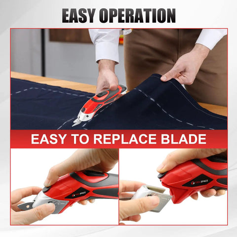 Totally Rad Toolspace Cordless Electric Scissors With Dual Blades For Cutting Cardboard And Fabric Featuring 4V Lithium-Ion Battery, Lightweight Design, Fast Charging, And Easy Carry Portability To Boost Your Crafting Game, cutting fabric on a table.