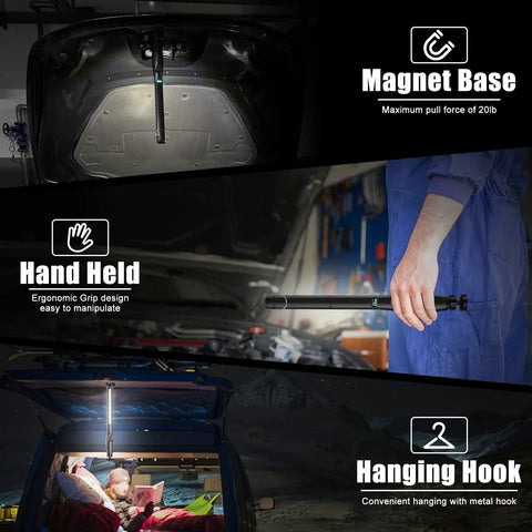Bright As Heck LED Work Light 600LM Rechargeable COB displayed with magnetic base, handheld use, and hook in vehicle and garage.