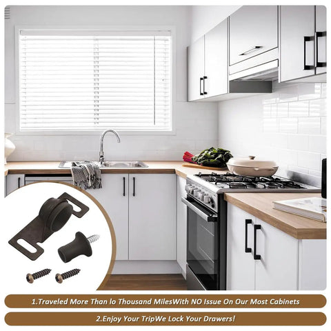 Bulldog Style Cabinet Door Latch With Antique Brown Finish, Right Angle Mount, shown in modern kitchen setting