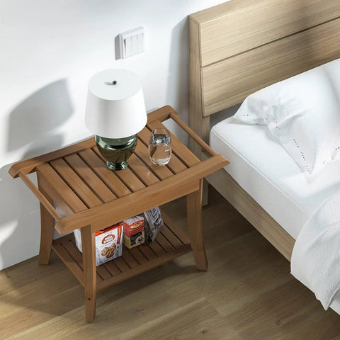 Space Saving Bamboo Shower Stool With Built In Storage Shelf For Bathroom beside bed with lamp and snacks under it.