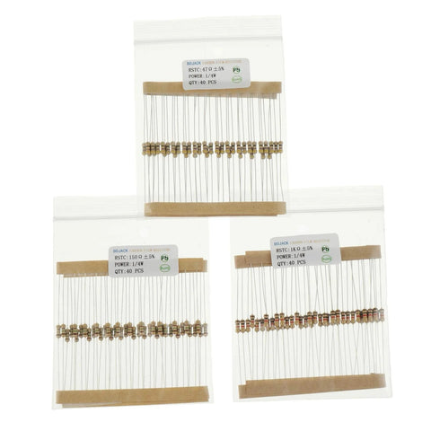 BOJACK carbon film resistor kit, three sealed bags, 25 values, 1/4W, 5% tolerance