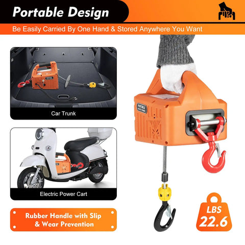 Heavy Duty Electric Hoist Winch With Wireless Remote 110V 1500W Pro Grade Lift Up To 1100 Lbs At 16 Ft Per Min 25 Ft Cable For Garage And Shop Lifting Jobs, portable orange unit with hook