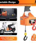Heavy Duty 660 Lb Electric Chain Hoist With Manual Cable And Wireless Remote Rock Solid 1500W Motor For Garage Work And Job Sites No Sweat 16 Ft Min Lift Speed, portable design shown in car trunk.