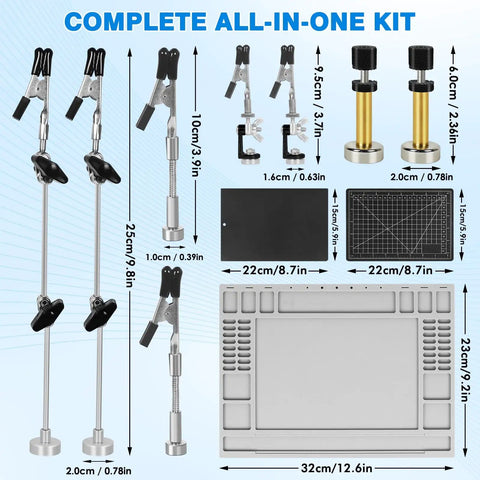 Magnetic Helping Hands Soldering Station For PCB Repair With Large Base And Heat Resistant Mat Six Flexible Arms Two Magnetic Posts Pro Grade Third Hand Workhorse For Electronics And DIY Projects showing all components and dimensions