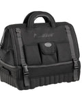 Pro Drop-Bottom Tool Bag With 15 Pockets, Waterproof Bottom, StayPut Handles, Removable Padded Strap, black heavy-duty design.