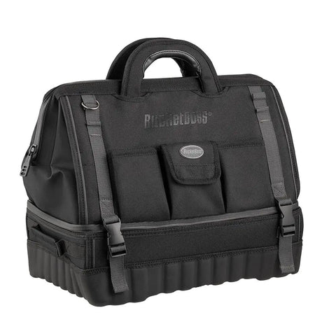 Pro Drop-Bottom Tool Bag With 15 Pockets, Waterproof Bottom, StayPut Handles, Removable Padded Strap, black heavy-duty design.