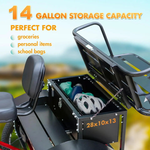 No Fuss Low Step Through Electric Tricycle For Adults With Passenger Bench And Massive Range 500W Torque Motor 7 Speed Shifting Smooth Cruise Trike Plug In And Go Red with 14 gallon storage box for groceries.