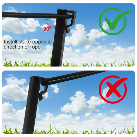 Correct and incorrect installation of Built To Last Heavy Duty Plastic Landscape Edging Anchoring Stakes Set With 9.8 Inch Spikes And Plastic Panel For Terraces Gardens Lawns Paver Edging And Weed Barrier Black 36 Pack shown in two images with directional icons.