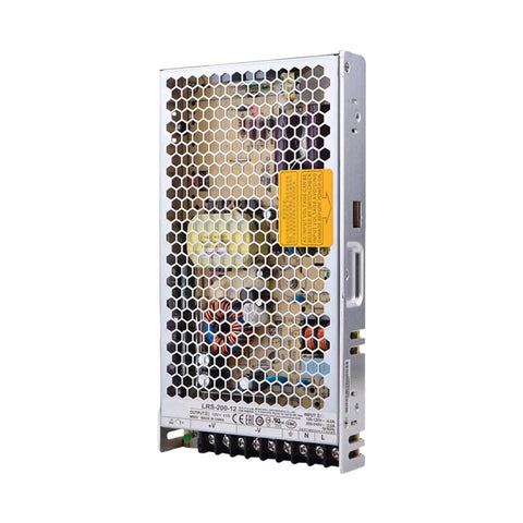 200W 12V 17A Enclosed Switching Power Supply With Fanless Cooling And Metal Mesh Case Wide Input 90 264VAC 240 370VDC 115 230VAC Switchable Industrial Grade Workhorse Power Converter For Automation And Control Systems, front view