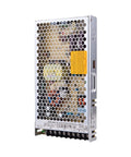 Compact 200 Watt Switching Power Supply 12V 17 Amps Enclosed Metal Case Zero Fan Cooling Fits Tight Spots, side view with metal mesh.