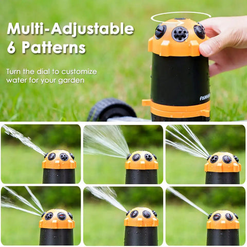 Close-up of Gear Drive Lawn Sprinkler With Metal Wheel Base Built To Last Heavy Duty Six Pattern Water Sprinkler System