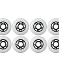 Set of eight white Outdoor Asphalt Inline Skate Wheels 89A Durometer 72mm with black cores arranged in two rows.