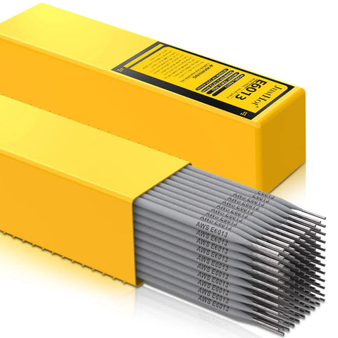 E6013 3 32 Inch Diameter 5Lb Carbon Steel Arc Welding Rods with Titania Calcium Coated Electrodes in yellow box