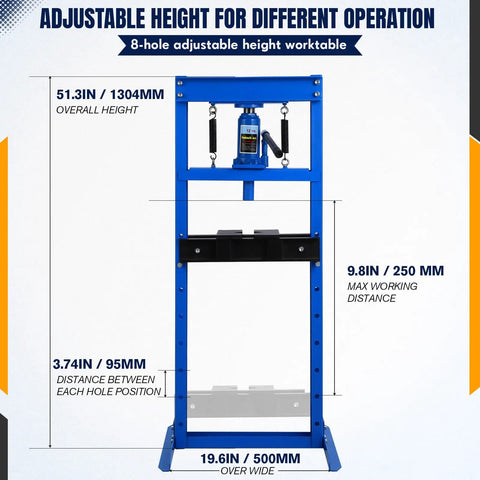 Front view of 12 Ton H Frame Hydraulic Shop Press for Garage and Workshop, Heavy Duty Steel Frame, Adjustable Pressure, Blue