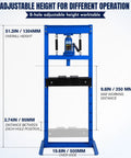 Heavy Duty 12 Ton Hydraulic Shop Press Real Garage Workhorse With Adjustable Table And Pressure Relief Valve For Bearing Removal Straightening Parts Auto Repair And Daily Mechanical Jobs showing adjustable height features and dimensions.