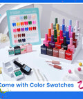 Gel Nail Polish Set With 24 Vivid Colors, 18ml Bottles, featuring displayed color swatches and manicure tools on a white surface.