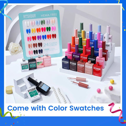 Gel Nail Polish Set With 24 Vivid Colors, 18ml Bottles, featuring displayed color swatches and manicure tools on a white surface.