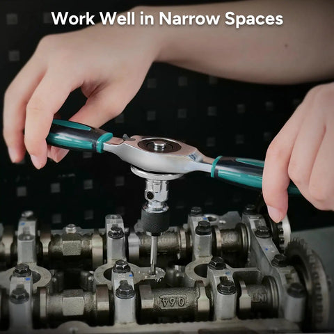 Hands using 76-Piece SAE and Metric Tap and Die Set With Extendable Ratcheting Handle on metal engine parts.