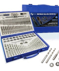 All In One 100 Piece Drill And Tap Set With SAE And Metric Sizes For External And Internal Threading, Thread Repair, And DIY Ready Accessories Including Drills Dies And Wrenches in open blue case.