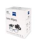 Front view of ZEISS Lens Wipes box, 200 pre-moistened lens cleaning wipes, white package with blue ZEISS logo.