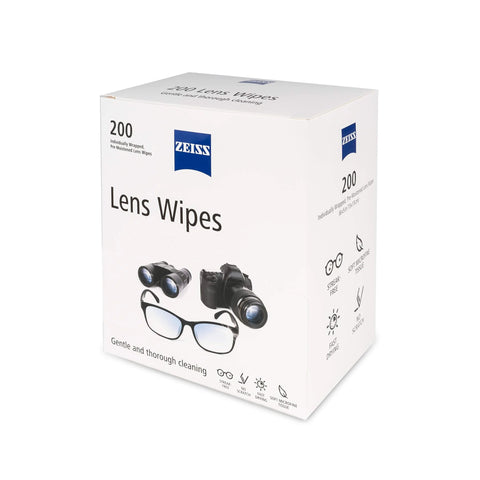 Front view of ZEISS Lens Wipes box, 200 pre-moistened lens cleaning wipes, white package with blue ZEISS logo.